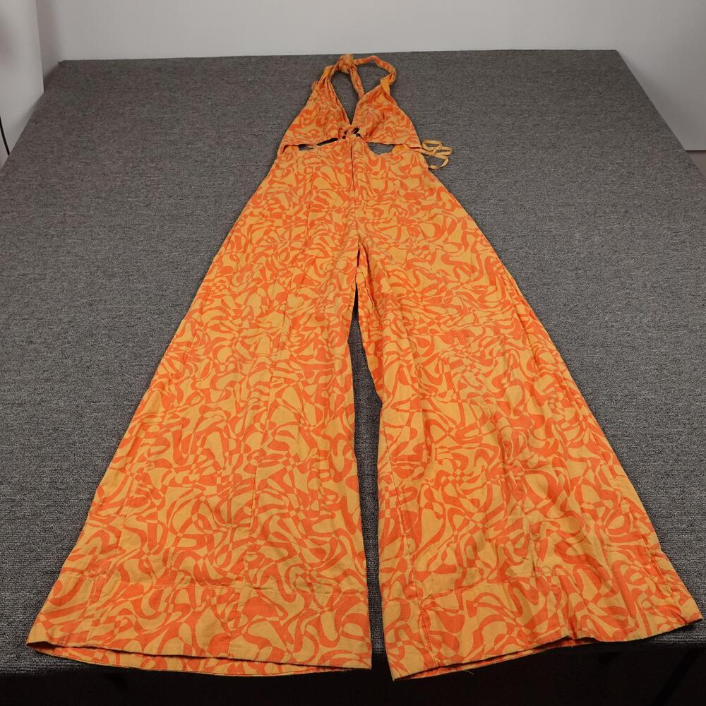 Free People Kira Jumpsuit Womens Small Orange Wide Leg Halter Cutout Boho Retro